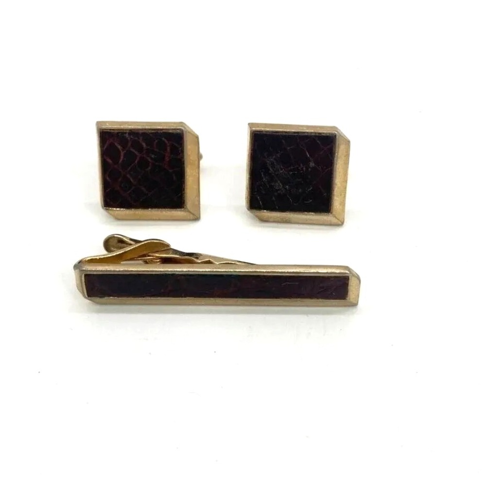 Vintage Swank Mens Square Cufflinks Tie Clip Set Brown Faux Leather Gold Tone